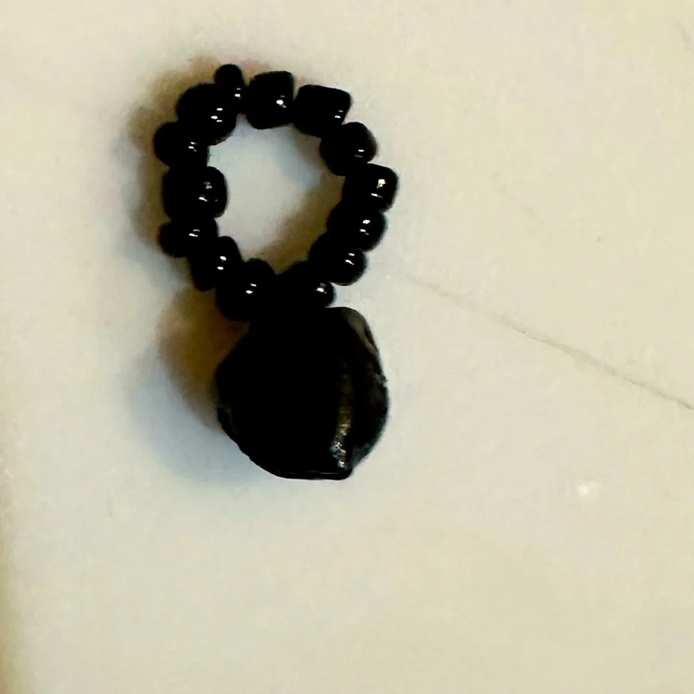 VTG BLACK BELL BEADED RING CHARM HALLOWEEN JEWELRY HANG ON NECKLACE CORD .25”